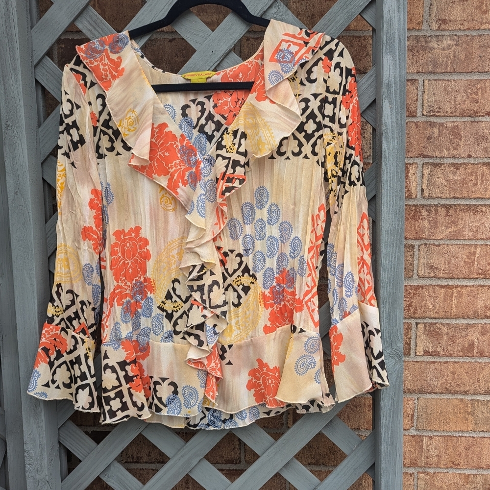 multiprint ruffle long sleeve blouse